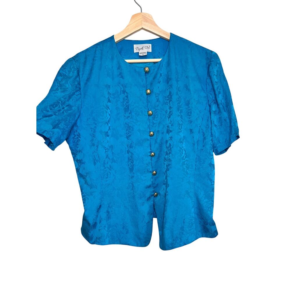 Vtg SILK Blue Floral Blouse Gold Buttons Papell Too Size 12